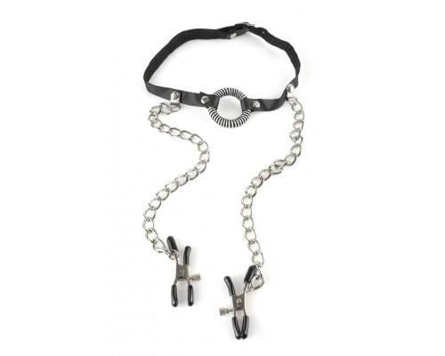 Кляп, соед. цепочкой с клипсами для сосков груди Fetish Fantasy без бюстгалтера