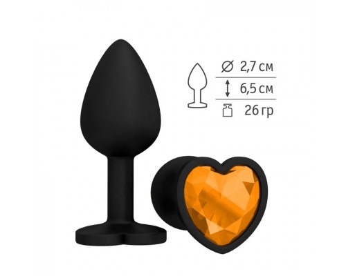 Анальная втулка силиконовая черная с оранжевым кристаллом сердце