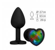 Анальная втулка силиконовая черная с разноцветным кристаллом сердце