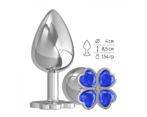 Большая анальная втулка Silver Клевер с синим кристаллом