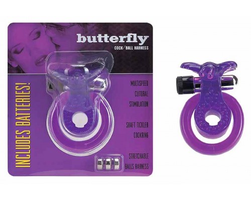 Кольцо эрекционное Бабочка фиолетовое с вибрацией и подхватыванием мошонки