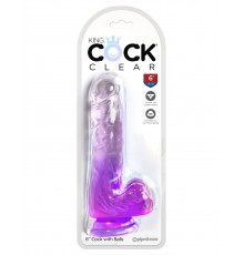 Прозрачный фаллоимитатор с мошонкой на присоске King Cock Clear 6, фиолетовый