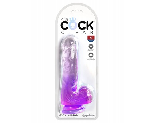 Прозрачный фаллоимитатор King Cock Clear 6 с мошонкой на присоске, фиолетовый