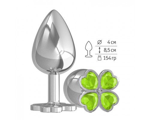 Большая анальная втулка Silver Клевер с салатовым кристаллом