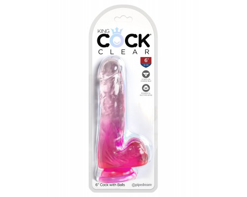 Прозрачный фаллоимитатор King Cock Clear 6 с мошонкой на присоске - розовый