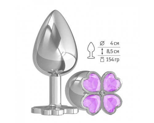 Большая анальная втулка Silver Клевер с сиреневым кристаллом