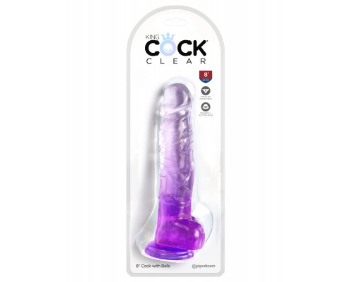 Прозрачный фаллоимитатор King Cock Clear 8 с мошонкой и присоской, фиолетовый