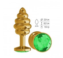 Анальная втулка Gold Spiral с зеленым кристаллом маленькая