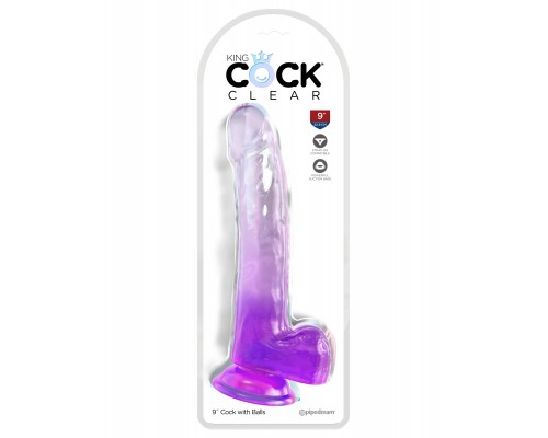 Прозрачный фаллоимиатор King Cock Clear 9 с мошонкой, фиолетовый