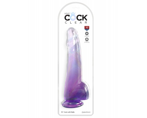 Прозрачный фаллоимитатор King Cock Clear 10 с мошонкой на присоске, фиолетовый