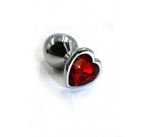 Серебряная анальная пробка с ярко-красным кристаллом в форме сердца (Medium)