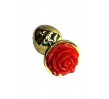 Золотая анальная пробка с ограничителем в форме красной розы (Small)