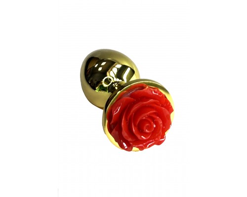 Золотая анальная пробка с ограничителем в форме красной розы (Small)