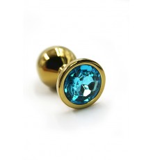 Золотистая анальная пробка с нежно-голубым кристаллом (Small)