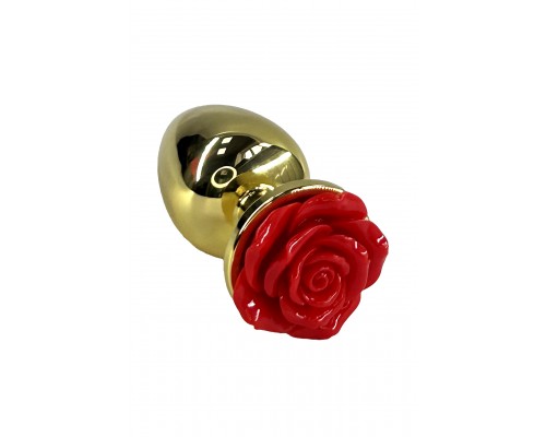 Золотая анальная пробка с ограничителем в форме красной розы (Large)