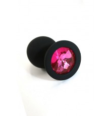 Черная анальная пробка из силикона с ярко-розовым кристаллом (Medium)