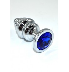Серебряная ребристая анальная пробка с темно-синим кристаллом (Medium)