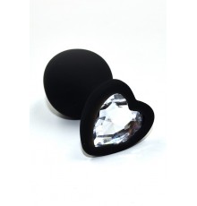 Черная анальная пробка из силикона с прозрачным кристаллом в форме сердца (Medium)