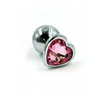 Серебряная анальная пробка с нежно-розовым кристаллом в форме сердца (Medium)
