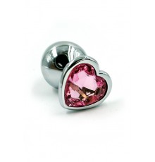 Серебряная анальная пробка с нежно-розовым кристаллом в форме сердца (Medium)