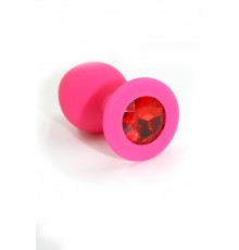 Розовая анальная пробка из силикона с красным кристаллом (Medium)
