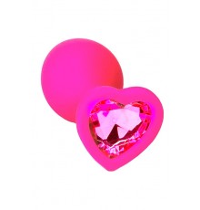 Розовая анальная пробка из силикона с розовым кристаллом в форме сердца (Medium)