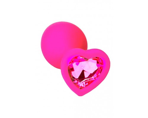 Розовая анальная пробка из силикона с розовым кристаллом в форме сердца (Medium)