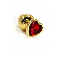 Золотая анальная пробка из алюминия с ярко-красным кристаллом в форме сердца (Large)