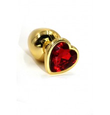 Золотая анальная пробка из алюминия с ярко-красным кристаллом в форме сердца (Large)