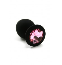 Черная анальная пробка из силикона с нежно-розовым кристаллом (Medium)