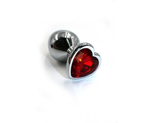 Серебряная анальная пробка из алюминия с ярко-красным кристаллом в форме сердца (Small)